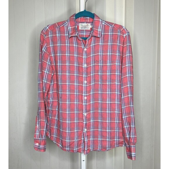 Faherty Linen Plaid Shirt Red Pink Blue Long Sleeves Size S - Picture 1 of 6